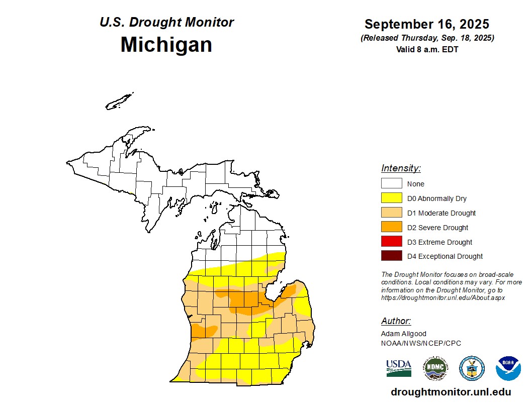 Map of Michigan from the U.S. Drought Monitor dated September 16, 2025 (released September 18, 2025). The Upper Peninsula and northern Lower Peninsula are shown with no drought. Central and southern Michigan display varying drought conditions: yellow areas (D0 &ndash; abnormally dry), tan areas (D1 &ndash; moderate drought), and orange patches (D2 &ndash; severe drought). No extreme (D3) or exceptional (D4) drought is present. Map created by Adam Allgood, NOAA/NWS/NCEP/CPC, with logos from USDA, NDMC, NOAA, and droughtmonitor.unl.edu.